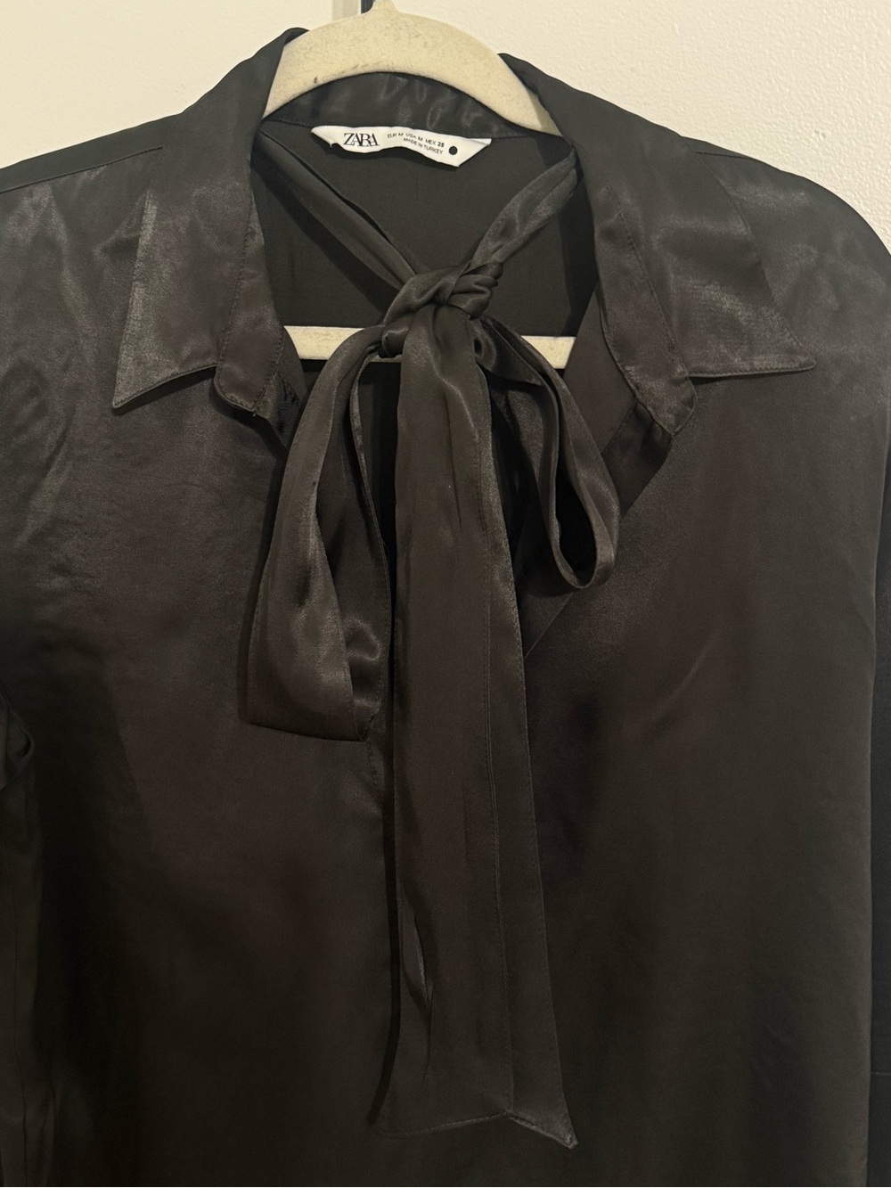 Zara Black Satin Tie-Neck Blouse